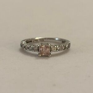 CAA 925 Sterling Silver Pink Gemstone & Faux Diamond Pave Engagement Ring